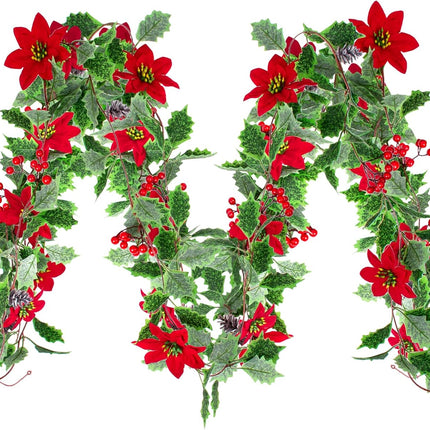 3 Pack Christmas Poinsettia Garland 25.5 Feet Artificial Poinsettia Flower Garland with Green Holly Leaves for Xmas Home Dining Room Deck Railing Staircase Decorations (Poinsettia Vine)