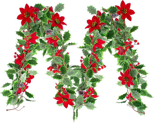 3 Pack Christmas Poinsettia Garland 25.5 Feet Artificial Poinsettia Flower Garland with Green Holly Leaves for Xmas Home Dining Room Deck Railing Staircase Decorations (Poinsettia Vine)