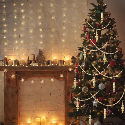 Soaoo 16 Pcs Boho Christmas Tree Ornaments Wood Bead Garland Set 15 Pcs Hanging Boho Christmas Decor Boho Beads Galand with Tassel Natural Rustic Country Wood Bead Hanging Decorations for Xmas