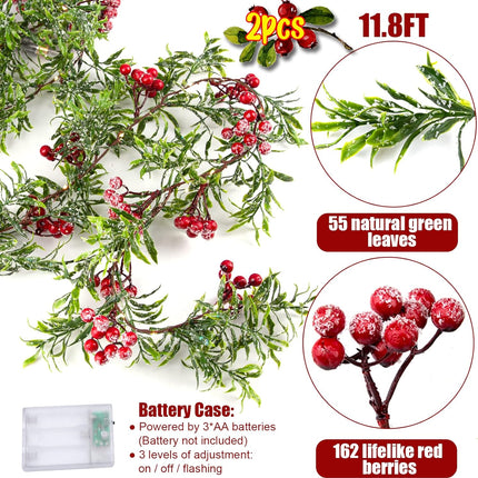 2 Pack Artificial Christmas Garland String Lights with 162 Snowy Red Berries 55 Green Leaves 20 LED Lights Battery Operated for Xmas Mantle Indoor Outdoor Holiday Christmas Decoration