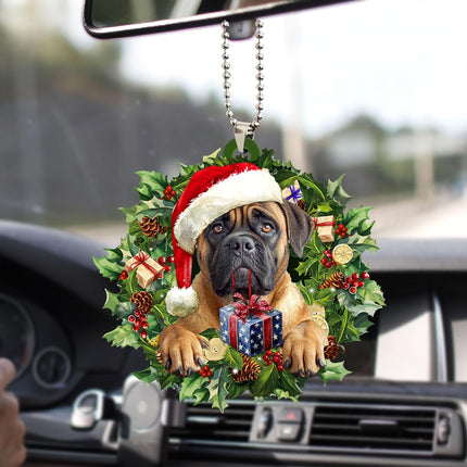 Talataca English Mastiff 2D Flat Christmas Ornament, Mastín Inglés Wearing A Christmas Hat Wreath Pine Tree Decor, Hanging House Charm Eve Keepsake, Car Rear View Mirror Accessories, Xmas