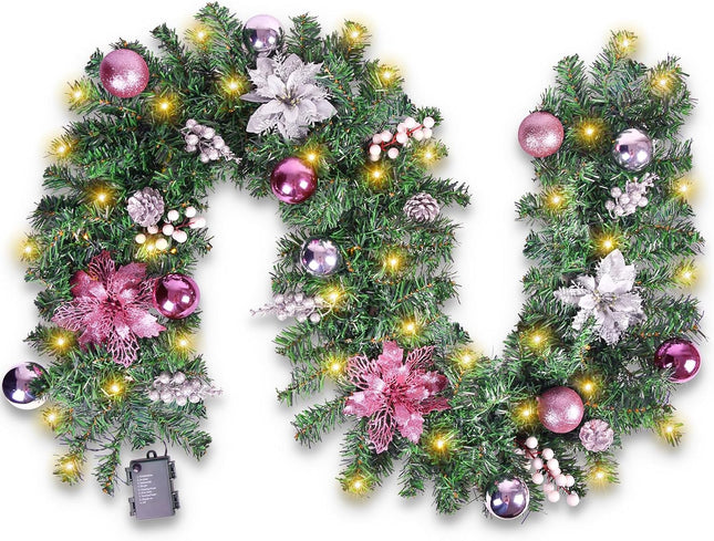Christmas Garland with LED Lights, 6FT Mentle Garland with Pink Flower and Pine Cones for Christmas Decorations and Holiday Mantle Decor