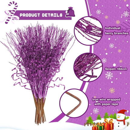 Yunlly 24 Pcs 17 Inch Christmas Glitter Tree Filler Decorations Artificial Glitter Berry Stem Branches Picks for Xmas Tree Glittery Twigs for Vases Wreath Holiday Wedding Party Decor(Purple)