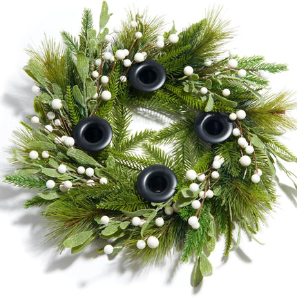 LampLust Advent Wreath Candle Holder, 14 Inch Advent Candle Wreath, Pine Candle Ring with White Berries and Black Candle Holders, Traditional Catholic Advent Wreath Christmas Decoration Set