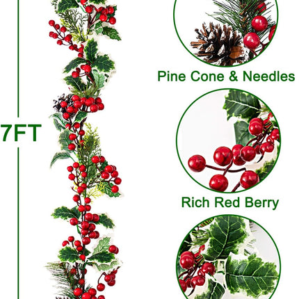 Jelofly 7FT Red Berry Christmas Garland with Pine Cone Needle Garland Christmas Xmas Decorations Indoor Outdoor Garden Gate Home Fireplace Decoration Winter Christmas Holiday Year Decor