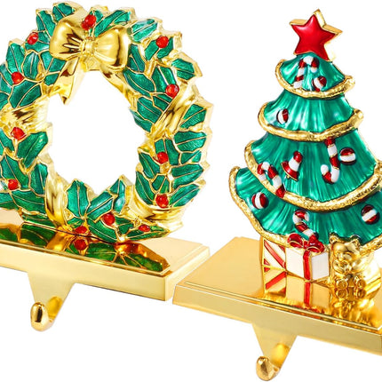 Christmas Tree Stocking Holders for Mantel ,Christmas Wreath Stocking Hangers for Fireplace Mantel Weighted Stocking Hooks Metal Tree Stocking Holder Stand for Christmas Decoration (Gold Tree Set)