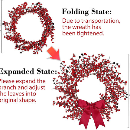Sggvecsy 18 Inch Artificial Christmas Wreath Red Berry Wreath Handmade Winter Wreath with Bowknot Christmas Decoration for Front Door Home Indoor Outdoor Farmhouse Wall Window Xmas Holiday
