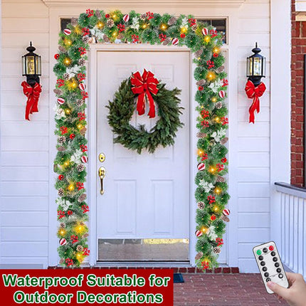 Remote Control&Timer 9 Ft Prelit Christmas Garland with 50 Warm White Lights 8 Modes Cedar Garland 6 Cypress Leaves 18 Ball 300 Snowy Tips 198 Red Berry 18 Pine Cone Christmas Decor Indoor Home Mantel