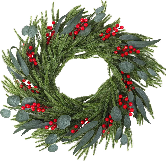 24" Christmas Winter Wreaths for Front Door, Artificial Norfolk Pine Eucalyptus Berry Branches Christmas Door Wreath for Home Office Outdoor Farmhouse Festival Decoration(Berry)