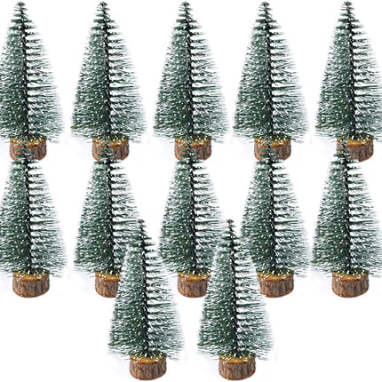 12pcs 4inch Mini Christmas Tree Bottle Brush Chrismas Village Trees Miniature Chrismas Tree Decoration-Plastic Christmas Trees with Wooden Base