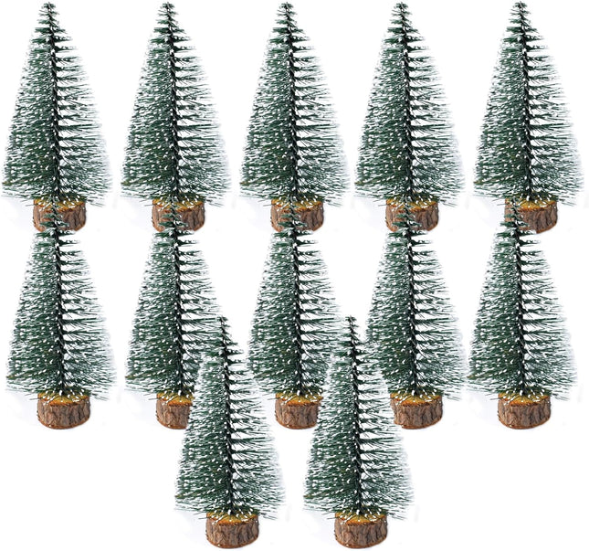 12pcs 4inch Mini Christmas Tree Bottle Brush Chrismas Village Trees Miniature Chrismas Tree Decoration-Plastic Christmas Trees with Wooden Base