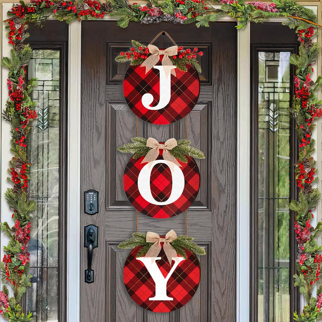 Buffalo Check Plaid Christmas Wreaths for Front Door - 3pcs 12" Rustic Burlap Wooden Christmas Decor Hanging Joy Signs Winter Wreaths for Door Wall Window Holiday Xmas Home Decorations Indoor Outdoor