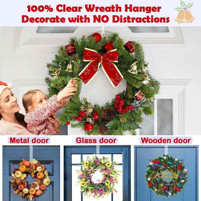 Wreath Hanger,12” Clear Wreath Hooks for Front Door,2 Pack Over the Door Easter Christmas Decoration Hangers Fall Halloween Wreaths holder,Non Scratch Wreath Hangers for Front Door Décor Welcome Sign