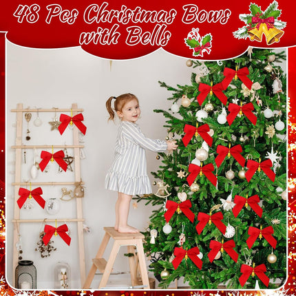 Hotop 48 Pcs Christmas Bows with Bells 3.5 Inch Gold Red Bows Christmas Decorations Twist Tie Small Premade Bows for Christmas Wreaths for Decorative Tree Hanging Ornaments Xmas Holiday Decor Crafts