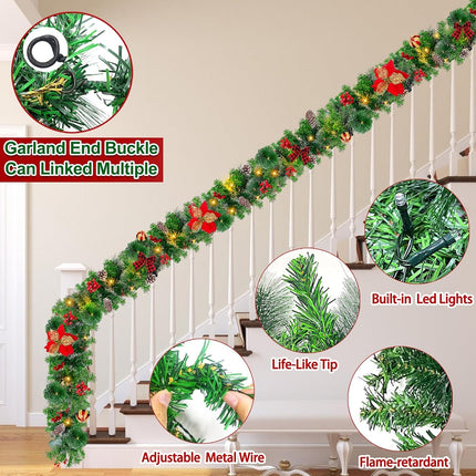 6 Ft 50 LED Prelit Christmas Garland Lights Decoration Timer Battery Operated 8 Modes 20 Snowy Bristle Pine,3 Bows,4 Poinsettia,3 Ball Ornaments,12 Snowy Pinecone,132 Red Berries for Home Indoor Decor