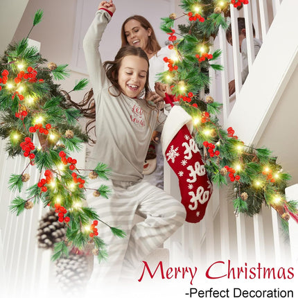 2 Pieces Christmas Garland with Lights Battery Operated Christmas Smokey Pine Garland Red Berry Pine Cone LED Christmas Lights for Mantel Pine Garland with Lights for Fireplace Stair Party (9 ft)