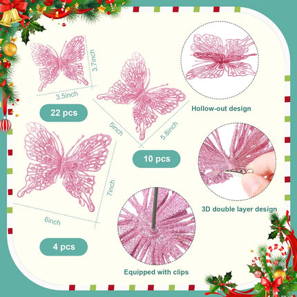 36 Pcs 3 Size Christmas Tree Butterfly Decorations Glitter Hollow Butterfly Ornaments Hanging Butterfly Decorations for Christmas Tree (Pink)