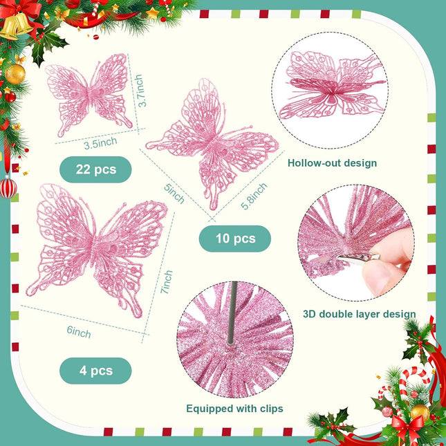 36 Pcs 3 Size Christmas Tree Butterfly Decorations Glitter Hollow Butterfly Ornaments Hanging Butterfly Decorations for Christmas Tree (Pink)