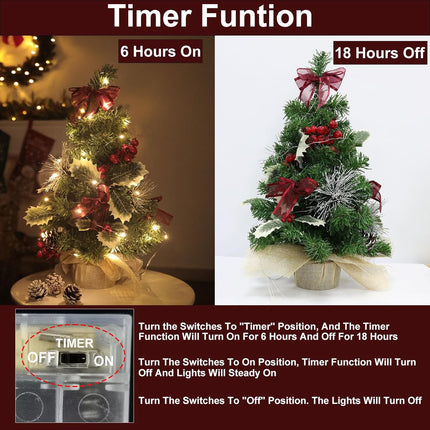 20 Inch Tabletop Mini Christmas Tree with Lights & Timer 20 LEDs Holly Leafed Berried Red Bows Decorated Artificial Small Christmas Tree with Lights Christmas Decorations for Xmas Home Decor