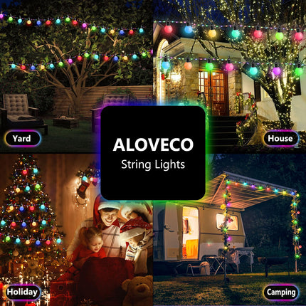 ALOVECO 41ft 100 LED Christmas String Lights Outdoor Indoor USB Plug RGB Color Changing String Lights with 20G40 Bulbs IP65 Waterproof Christmas Lights with Remote for Xmas Tree Camping Patio Yard