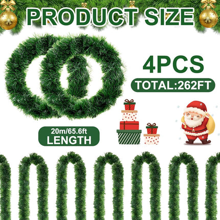 4 Pack Christmas Garland Total 262 ft Non Lit Artificial Greenery Garland Pine Garland Christmas Decorations Soft Green Holiday Decor Home Garden for Outdoor Indoor Stairs Fireplaces