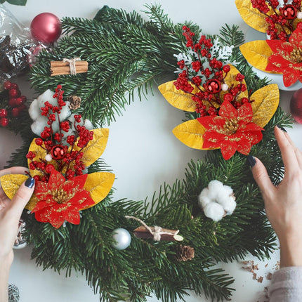 4 Pcs Christmas Poinsettia Picks Christmas Magnolia Flowers Artificial Glitter Christmas Flowers with Christmas Balls Red Berries Gold Leaves for Xmas Tree Wreath Vase Floral Arrangement