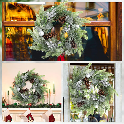 Cindeer 19 Pcs Christmas Artificial Pine Cone Ring Wreath and Candle Set 19 Inch Wreath and Glass Candle Holder with Floating Candle and Artificial Pearl String for Table Centerpiece Front Door Decor