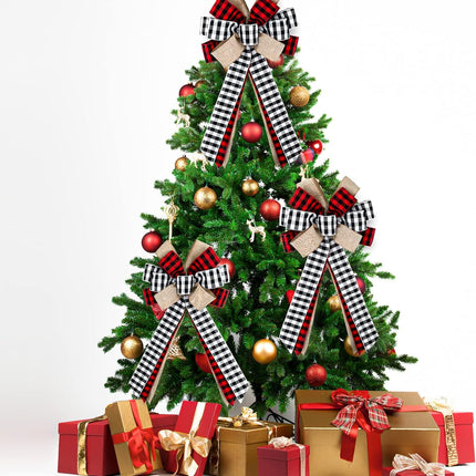 Whaline 3Pcs Christmas Bow Tree Topper Buffalo Plaid Xmas Large Bow Red Black White Handmade Decorative Bow for Christmas Tree Wreath Crafts DIY Bow Year Outdoor Decoration Festival Holiday Party
