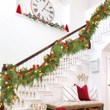 6FT Christmas Lighted Garland, Battery Operated Christmas Garland with Lights, Pre Lit Garland with Red Balls for Indoor Home Fireplace Winter Christmas Holiday Year Decoration