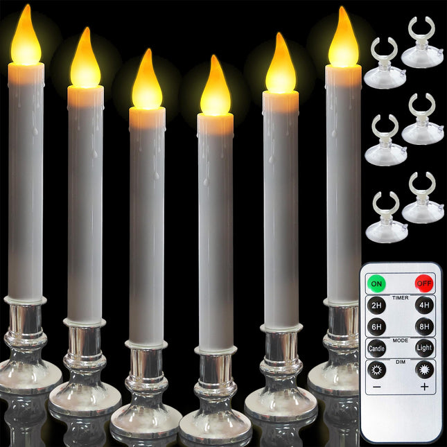 Christmas Window Candles - 9.3in Flameless Taper Candles with Suction Cups Flickering Timer for Halloween Christmas Wedding Home Decor Candlesticks Fireplace (6pcs-Silvery)