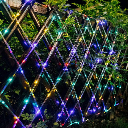 YEGUO Christmas Lights Solar, 2 Pack Each 33ft 100 LED Rope Lights Outdoor Waterproof, 8 Modes Camping String Lights Clear PVC Tube for Trampoline Accessories Party Tree Fence(Multicolor)