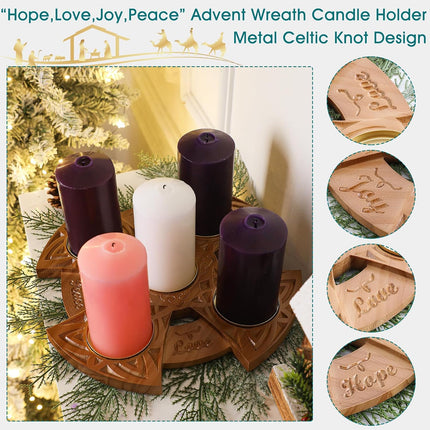 Christmas Advent Wreath Candle Holder with Faith, Joy, Love, Hope Large Celtic Advent Wooden Candle Holder Centerpiece Decor for Home Fireplace Church Suitable for Diameter of 3'' Candles