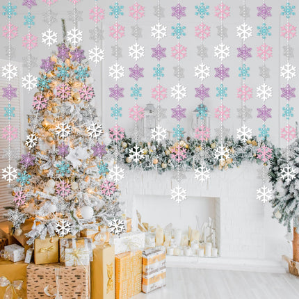 Winter Snowflake Hanging Decorations, Glitter Purple Pink Silver Christmas Snowflakes Hanging Garland Frozen Party Decorations for Winter Wonderland Baby Shower Frozen Birthday Party Decorations
