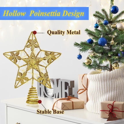 Glitter Gold Star Tree Topper, 3D Hollow Poinsettia Tree Toppers Christmas Decorations Battery Operated, Metal Christmas Tree Topper Star with Lights, Lighted Christmas Tree Star Topper