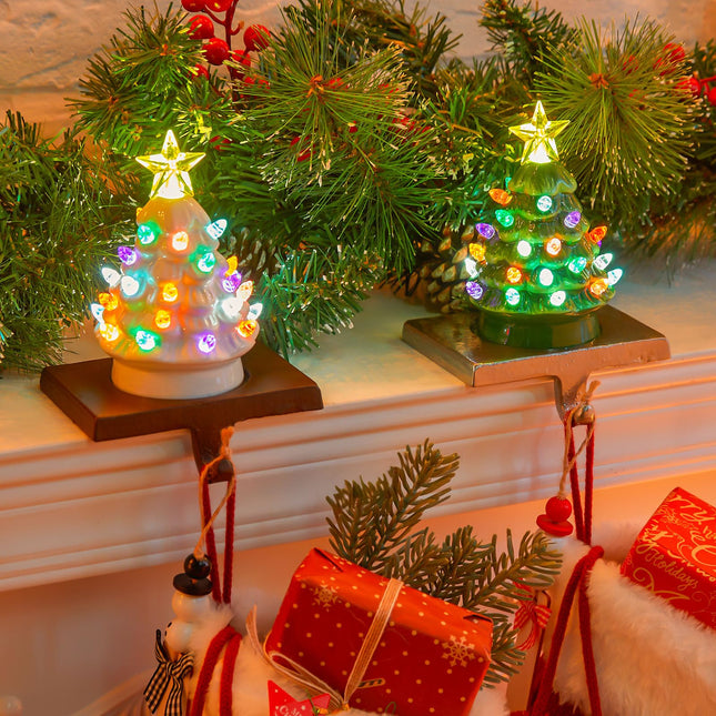 Ceramic Christmas Tree Stocking Holders for Mantle, Set of 2 Christmas Tree Stocking Hangers with LED Light for Fireplace, Green White Christmas Tree Stocking Hangers for Window Christmas Decoration