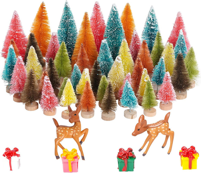 Yookat 51Pcs Mini Pine Trees Artificial Mini Trees with Wood Base Sisal Trees Bottle Brush Trees Assorted Color and Deer Boxes Winter Snow for Christmas Decoration (Multicolor-4)