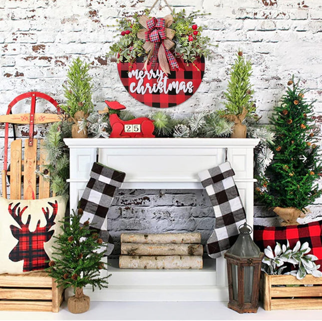 Christmas Decoration Wreath, Front Door Decor, Buffalo Plaid Check Christmas Decor,Rustic Wooden Hanging Sign Decor for Farmhouse Porch Door Window kitchen-12 (Black/RED)