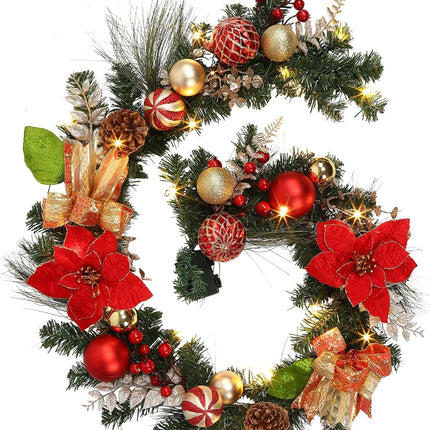 LinTimes Christmas Garland with Lights, Pre-lit Red Garland Decoration with 20 LEDs, Battery Operated Garland with Red Flowers Ball Ornaments Gold Bow, Mantle Fireplace Holiday Party Decoration