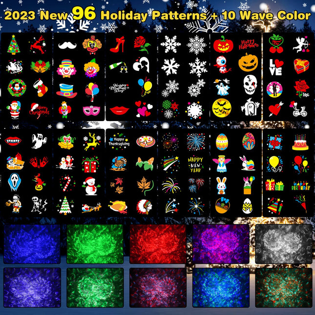 Christmas Projector Lights Outdoor, Brightness Increase 50% HD 2-in-1 Ocean Wave Snowflake LED Holiday Projector Lights Indoor 96 Patterns, Memory Function Waterproof 12 Slides for Party Garden...