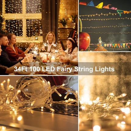 echosari Christmas String Lights Battery Powered, 33Ft 100 LED Fairy Lights Warm White Outdoor Fairy String Lights Lights with Remote Dimmable Timer 8 Modes for Wedding Party Garden Decoration