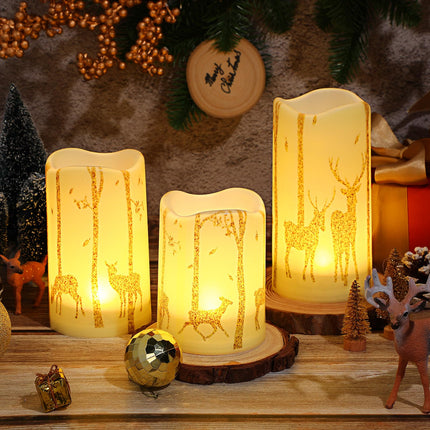 VIHOSE 3 Pcs Christmas Flameless Candles Decor Realistic Flickering Candle Battery Operated Real Wax LED Pillar Candles with Gold Deer Decal Warm Light for Christmas Home Decor