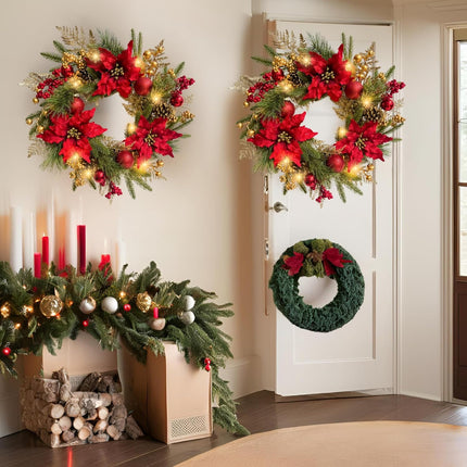 22 Inch Lighted Golden Glitter Christmas Wreath with Red Artificial Poinsettia Flowers Ball Ornaments Golden PineCones Berries for Door Wall Window Fireplace Holiday Decorations