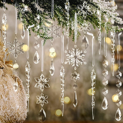 18pcs Christmas Tree Decoration Crystal Ornaments - Hanging Acrylic Christmas Snowflake Icicle Drop Crystal Ornaments for Christmas Tree Winter Year Party Supplies