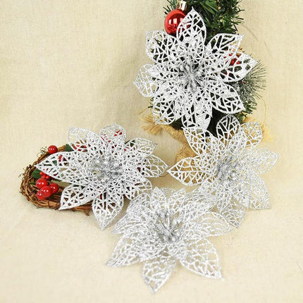 30 Pack Christmas Silver Glitter Poinsettia Flowers Picks Christmas Tree Ornaments 5.9" Wide for Silver Christmas Tree Wreaths Garland Holiday Seasonal Wedding Decorations