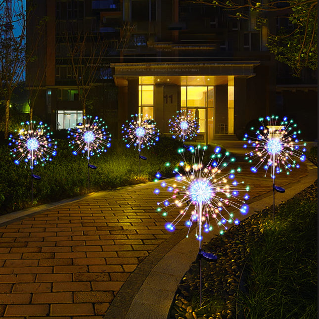 Christmas Solar Garden Firework Lights Outdoor Waterproof, 2 Pack Solar Powered Art Stake Twinkle Lighting for Outside Decor, 150 LED Sparklers String Lights for Yard Party Decorations(Colorful)