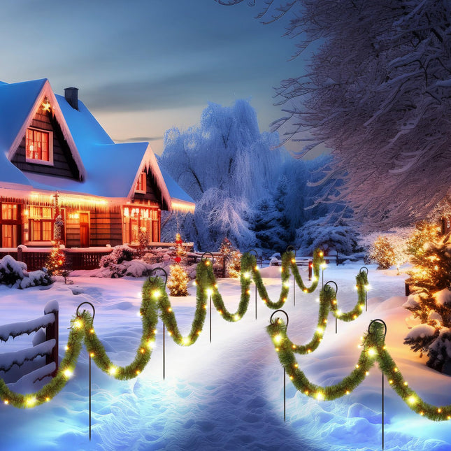 Christmas Pathway Lights Outdoor 50 ft Pre Lit Garland Walkway Lights Decoration Solar Christmas Green Garland with 100 LED and Walkway Stakes for Yard Lawn Garden Outdoor