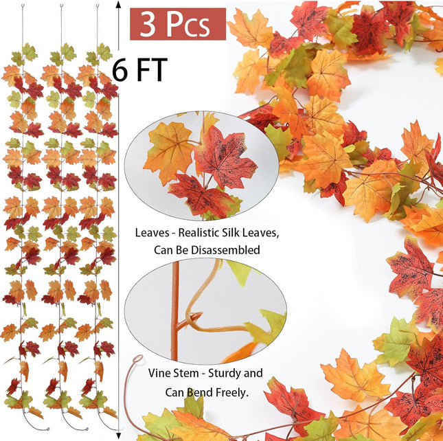 MIZII Fall Decor 3 Strands Artificial Maples Leaf Garland 6FT Autumn Maple Leaves Vines Fall Garland for Thanksgiving Halloween Home Porch Mantle Fireplace Farmhouse Harvest Decorations (Maple)