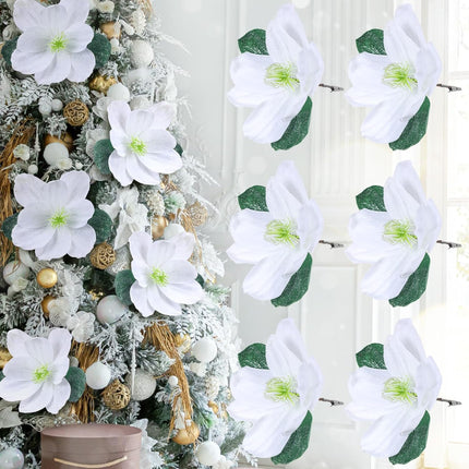 6 Pcs Christmas Magnolia Artificial Flowers 9 inch Christmas Tree Wreaths Garland DIY Ornaments Large Decorative Faux Magnolia Floral Picks with Clip for Xmas Holiday Party Party Decor
