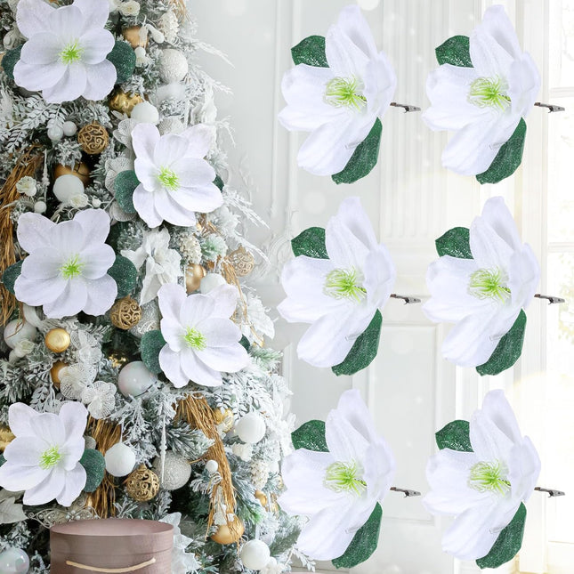 6 Pcs Christmas Magnolia Artificial Flowers 9 inch Christmas Tree Wreaths Garland DIY Ornaments Large Decorative Faux Magnolia Floral Picks with Clip for Xmas Holiday Party Party Decor
