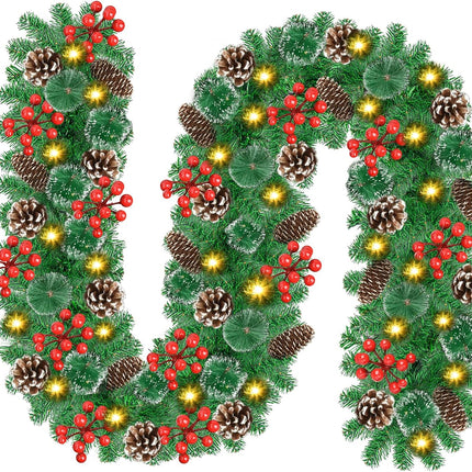 Christmas Garland Decorations with Lights: 9 FT Lighted Battery Operated Garland with Pine Cones Red Berries, Christmas Decor Indoor Outdoor for Mantle Stairs Door Fireplace Staircase Window Railing